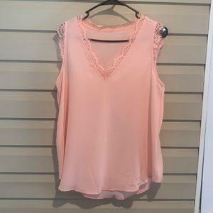 Size LG Sleeveless Lace V-neck Cap Sleeve Tank Top Pink Sheer Used Never Worn